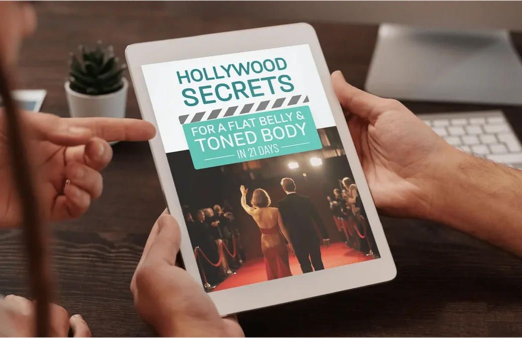 Tablet showing the cover of Hollywood Secrets For A Flat Belly And Toned Body In 21 Days