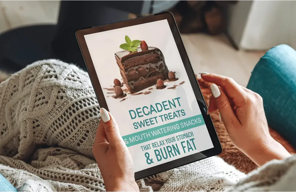 Tablet showing the cover of Decadent Sweet Treats And Mouth Watering Snacks That Relax Your Stomach And Burn Fat