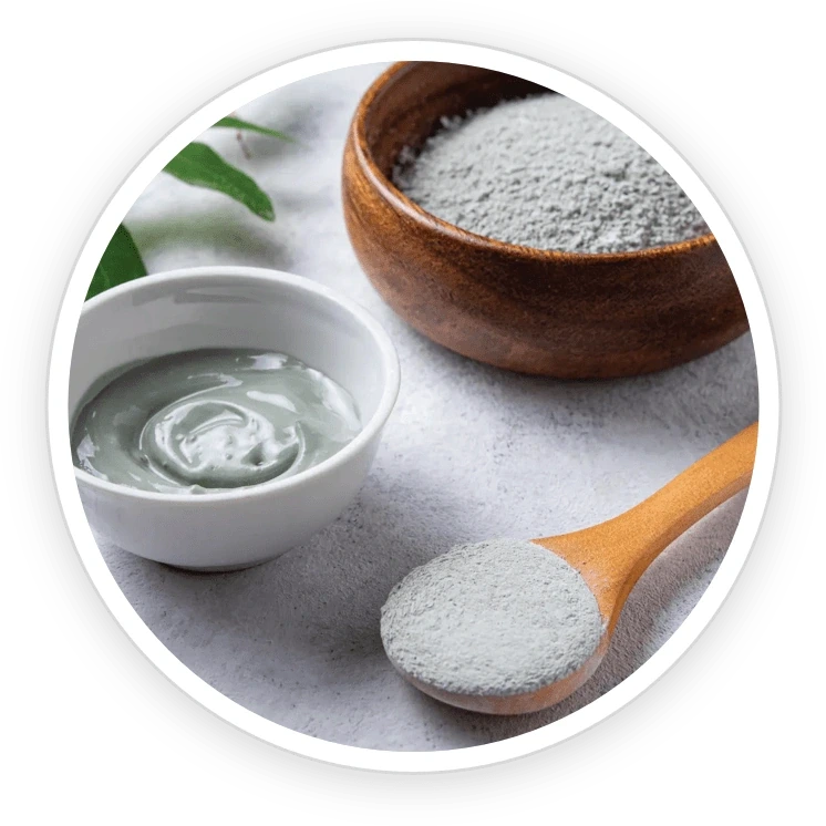 GutOptim ingredient shot from the seller&rsquo;s nine-item grid: a bowl of grey clay powder