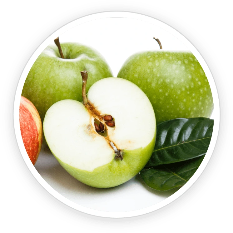 GutOptim ingredient shot from the seller&rsquo;s nine-item grid: apples beside a dish of pectin powder