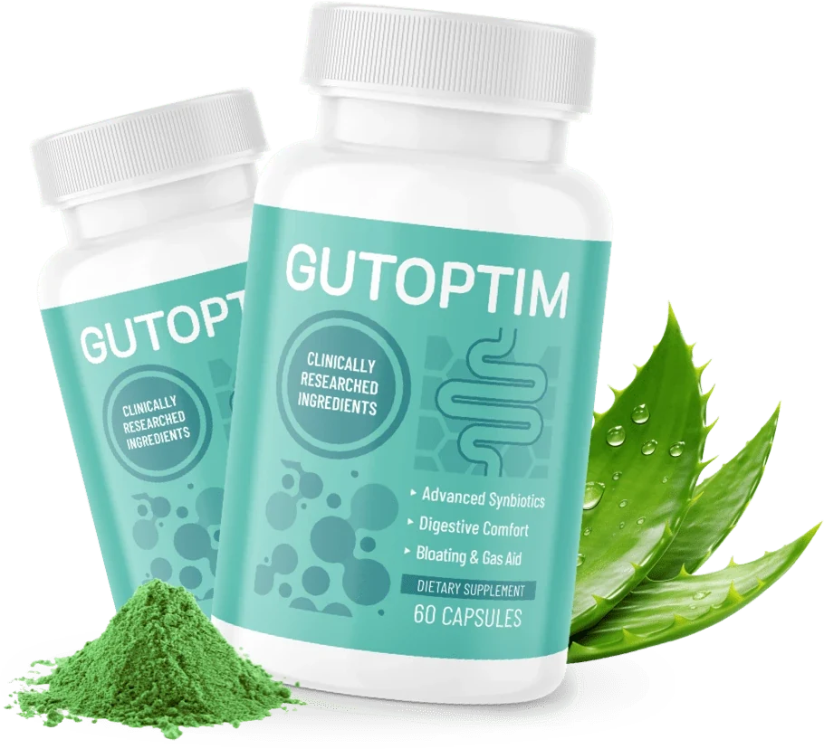 Two GutOptim bottles beside a mound of green powder and a cut aloe leaf