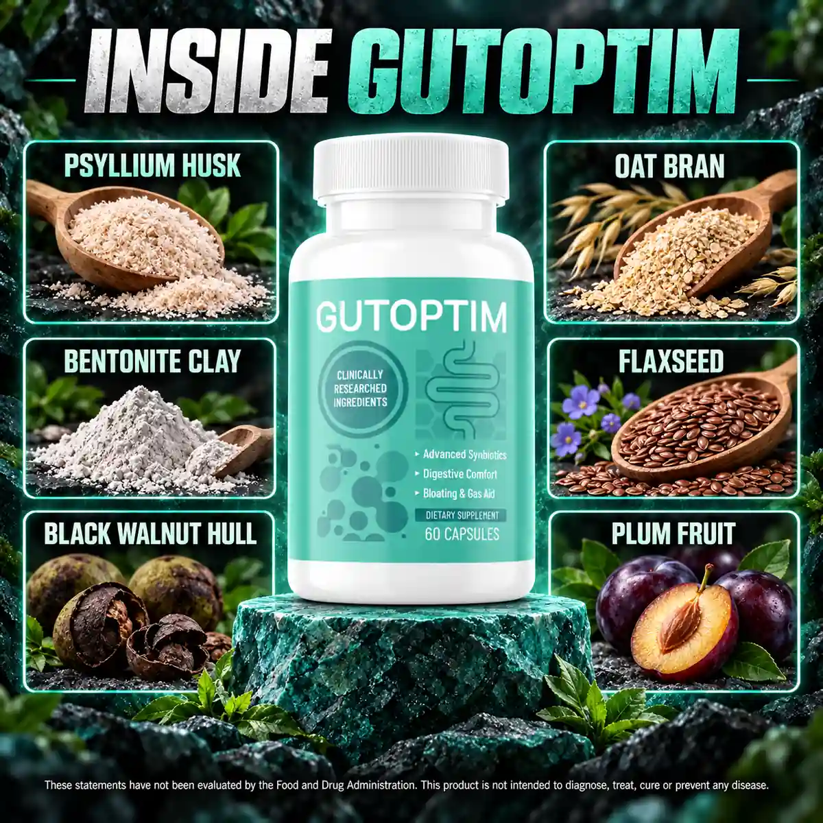GutOptim listing panel headed Inside GutOptim, showing psyllium husk, bentonite clay, black walnut hull, oat bran, flaxseed and plum fruit