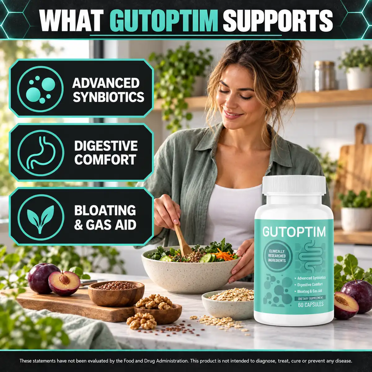 GutOptim listing panel headed What GutOptim Supports, showing the three label claim lines beside a kitchen scene