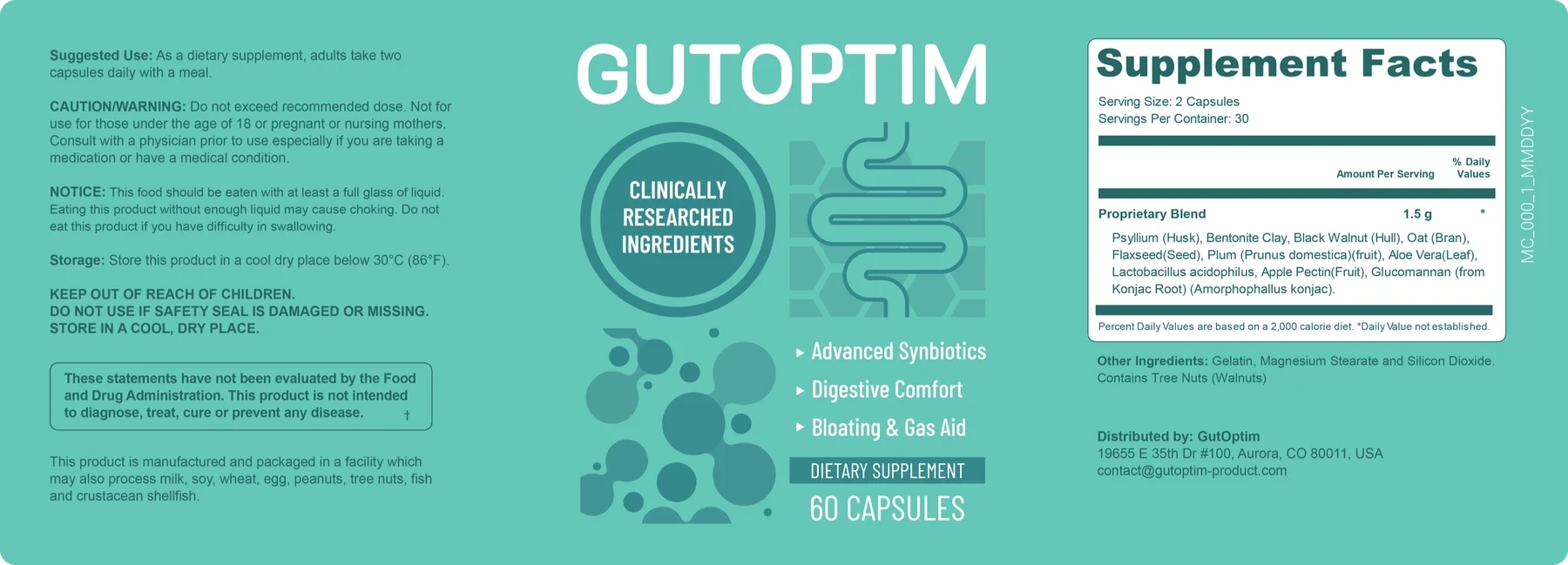 The full printed GutOptim label, showing suggested use, cautions, the Supplement Facts panel and the distributor address