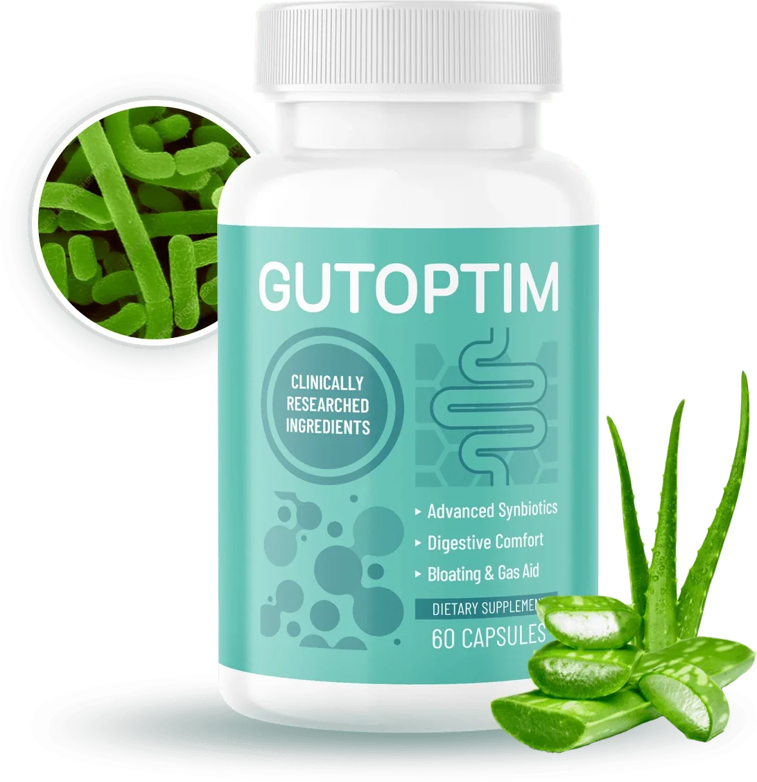 A GutOptim bottle beside a magnified culture disc and a cut aloe leaf, from the seller&rsquo;s artwork